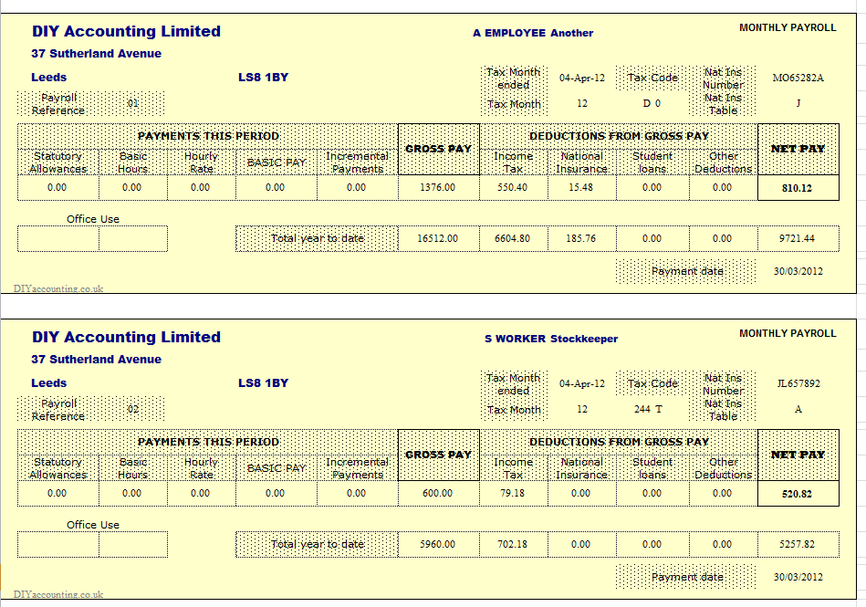 Payslip spreadsheet showing monthly payroll with gross pay, income tax, National Insurance deductions, and net pay