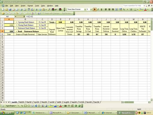 Cash and bank reconciliation spreadsheet showing receipts, payments, and running bank balance